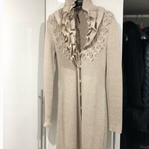 Elie Tahari Cream Ruffled Cardigan 100% Merino Wool Size S